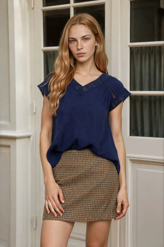 Blu Pepper Tops - Blouse V-Neck Lace Trim Cap Sleeve Top