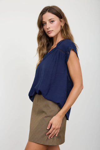 Blu Pepper Tops - Blouse V-Neck Lace Trim Cap Sleeve Top