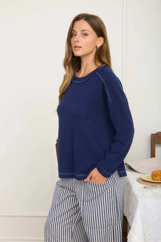 Blu Pepper Tops - Pullover Crew Neck Ribbed Long Sleeve Knit Top