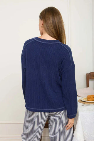 Blu Pepper Tops - Pullover Crew Neck Ribbed Long Sleeve Knit Top