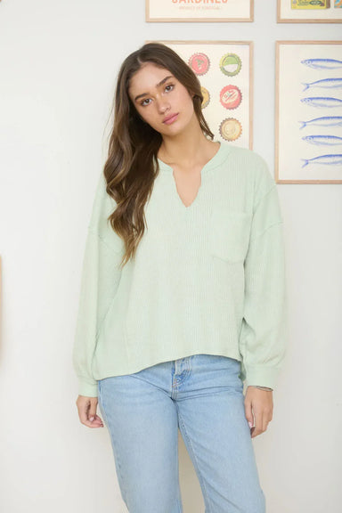 Blu Pepper Tops - Pullover Sm Split Neck Raw Edge Long Sleeve Top Light Green