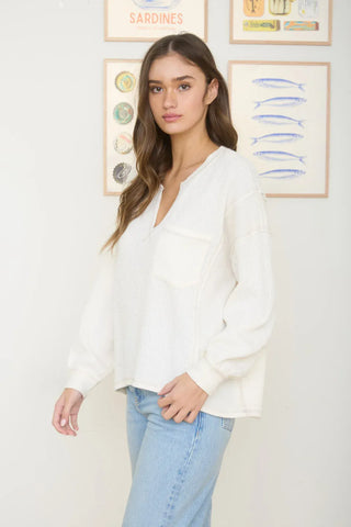 Blu Pepper Tops - Pullover Split Neck Raw Edge Long Sleeve Top Ivory