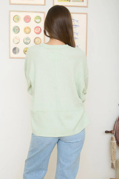 Blu Pepper Tops - Pullover Split Neck Raw Edge Long Sleeve Top Light Green