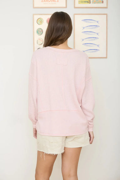 Blu Pepper Tops - Pullover Split Neck Raw Edge Long Sleeve Top Light Pink