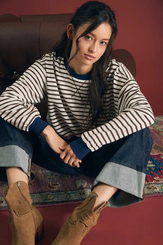 Blu Pepper Tops - Pullover Stripe Crew Neck Long Sleeve Knit Top