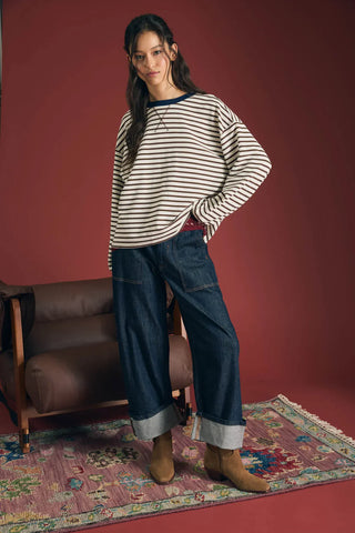 Blu Pepper Tops - Pullover Stripe Crew Neck Long Sleeve Knit Top