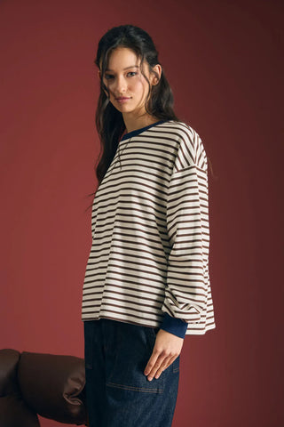Blu Pepper Tops - Pullover Stripe Crew Neck Long Sleeve Knit Top