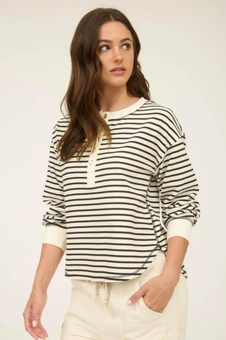 Blu Pepper Tops - Pullover Stripe Henley Snap Button Long Sleeve Top Black