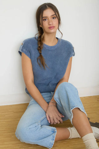 Blu Pepper Tops - Sweaters Acid Washed Tab Sleeve Back Button Sweater Indigo