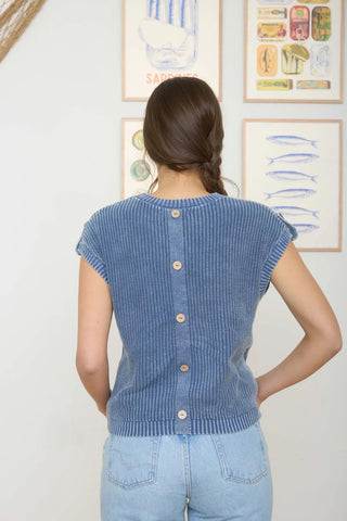 Blu Pepper Tops - Sweaters Acid Washed Tab Sleeve Back Button Sweater Indigo