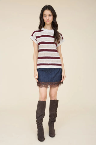 Blu Pepper Tops - Sweaters Short Sleeve Striped Ribbed Trim Detail Sweater