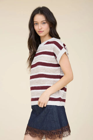 Blu Pepper Tops - Sweaters Short Sleeve Striped Ribbed Trim Detail Sweater
