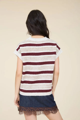 Blu Pepper Tops - Sweaters Short Sleeve Striped Ribbed Trim Detail Sweater
