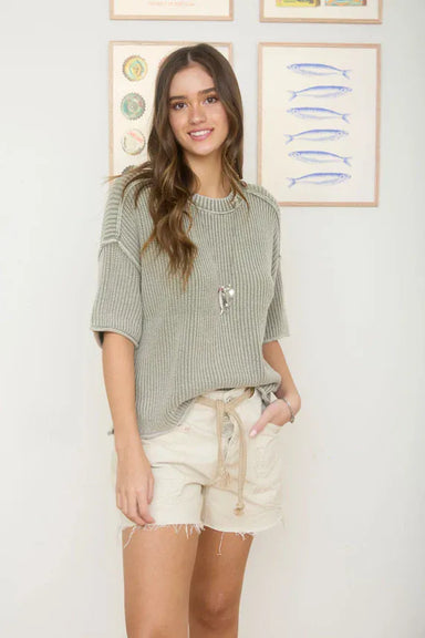 Blu Pepper Tops - Sweaters Sm Sale Washed Short Sleeve Boxy Knit Sweater