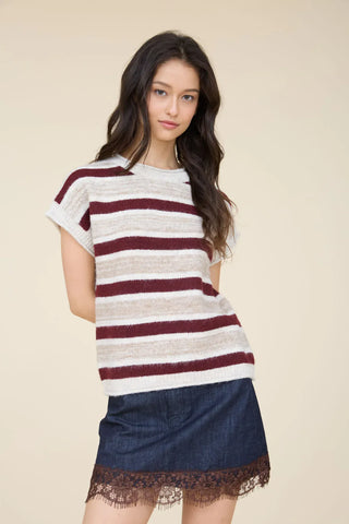 Blu Pepper Tops - Sweaters Sm Short Sleeve Striped Ribbed Trim Detail Sweater