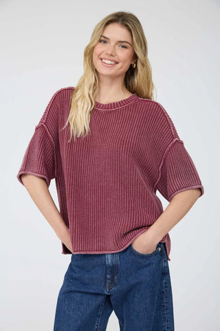 Blu Pepper Tops - Sweaters Sm Washed Crew Neck Raw Edge Short Sleeve Sweater Burgundy