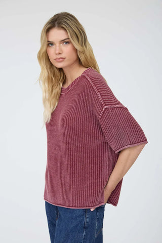Blu Pepper Tops - Sweaters Washed Crew Neck Raw Edge Short Sleeve Sweater Burgundy