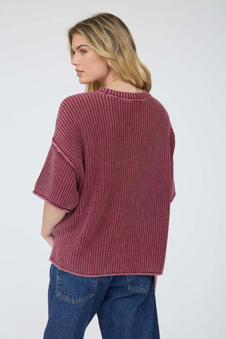 Blu Pepper Tops - Sweaters Washed Crew Neck Raw Edge Short Sleeve Sweater Burgundy