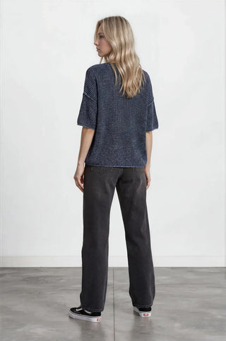 Blu Pepper Tops - Sweaters Washed Crew Neck Raw Edge Short Sleeve Sweater Navy