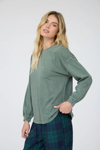 Blu Pepper Tops - T-Shirts Washed Crew Neck Long Sleeve Top Dusty Green