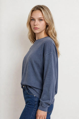 Blu Pepper Tops - T-Shirts Washed Crew Neck Long Sleeve Top Navy