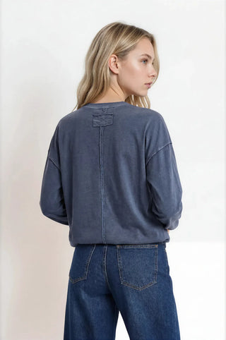 Blu Pepper Tops - T-Shirts Washed Crew Neck Long Sleeve Top Navy