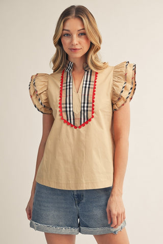 Ruffle Sleeve Plaid Contrast Accent Top