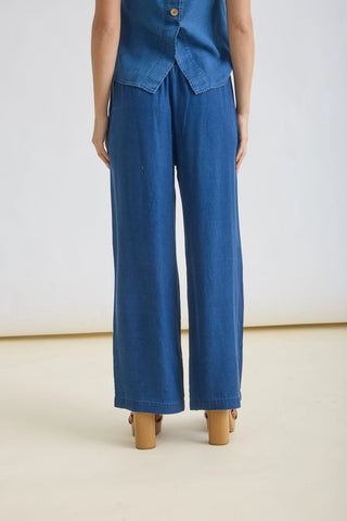 Chambray Elastic Waist Wide Leg Pants