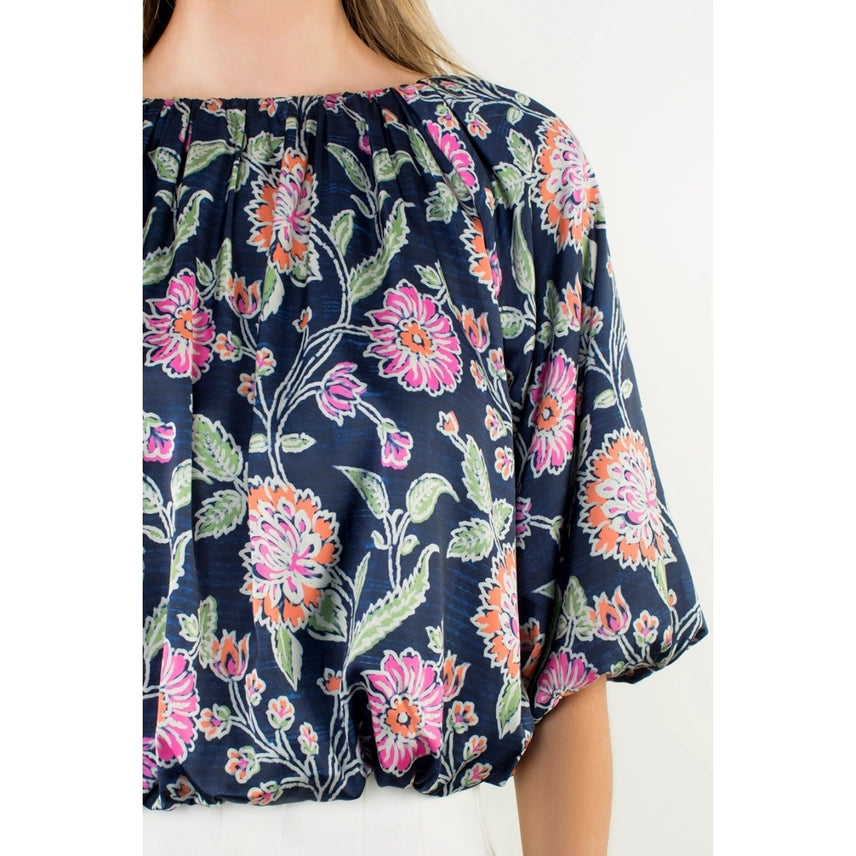 Half Sleeve Floral Print Top w/Elastic Waist Navy