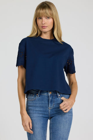 Dear John Tops - Blouse Maddox Crew Neck Eyelet Sleeve Top Riviera Black Iris