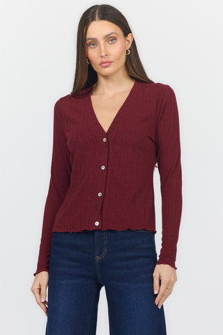 Dear John Tops - Blouse Xsm Holland V-Neck Long Sleeve Fitted Top Bing Cherry