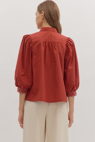 Entro Tops - Blouse Sale 3/4 Puff Sleeve Embroidered Trim Top