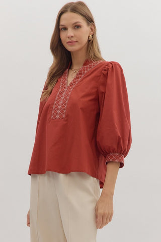 Entro Tops - Blouse Sale 3/4 Puff Sleeve Embroidered Trim Top