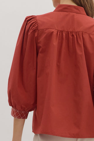 Entro Tops - Blouse Sale 3/4 Puff Sleeve Embroidered Trim Top