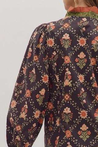 Entro Tops - Blouse Sale Floral Print Long Sleeve Top w/Multicolor Ruffle Trim