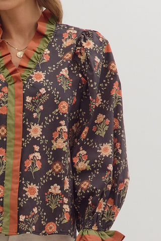 Entro Tops - Blouse Sale Floral Print Long Sleeve Top w/Multicolor Ruffle Trim