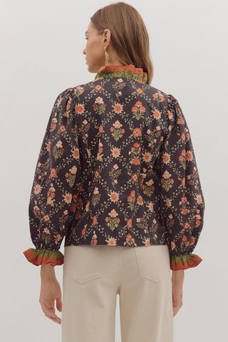 Entro Tops - Blouse Sale Floral Print Long Sleeve Top w/Multicolor Ruffle Trim