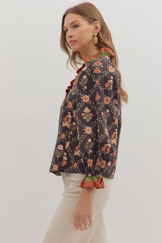 Entro Tops - Blouse Sale Floral Print Long Sleeve Top w/Multicolor Ruffle Trim