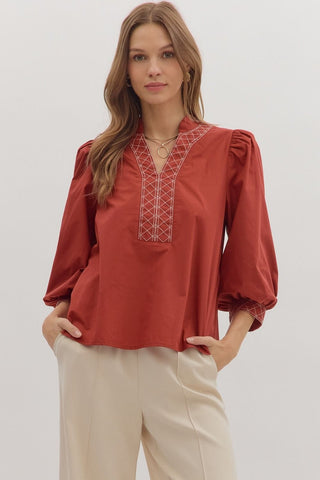 Entro Tops - Blouse Sm Sale 3/4 Puff Sleeve Embroidered Trim Top