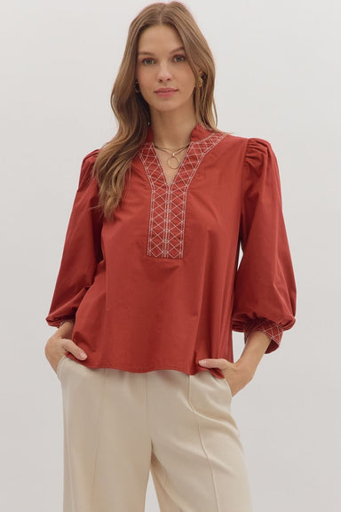 Entro Tops - Blouse Sm Sale 3/4 Puff Sleeve Embroidered Trim Top