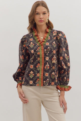 Entro Tops - Blouse Sm Sale Floral Print Long Sleeve Top w/Multicolor Ruffle Trim