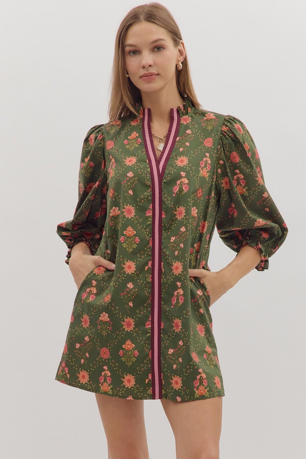 Floral Print 3/4 Sleeve Dress w/Contrast Trim