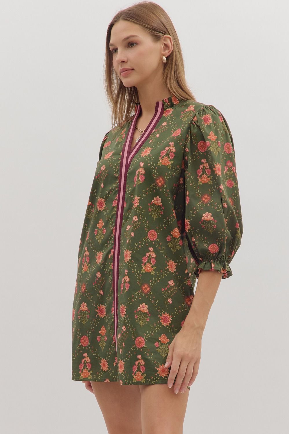Floral Print 3/4 Sleeve Dress w/Contrast Trim