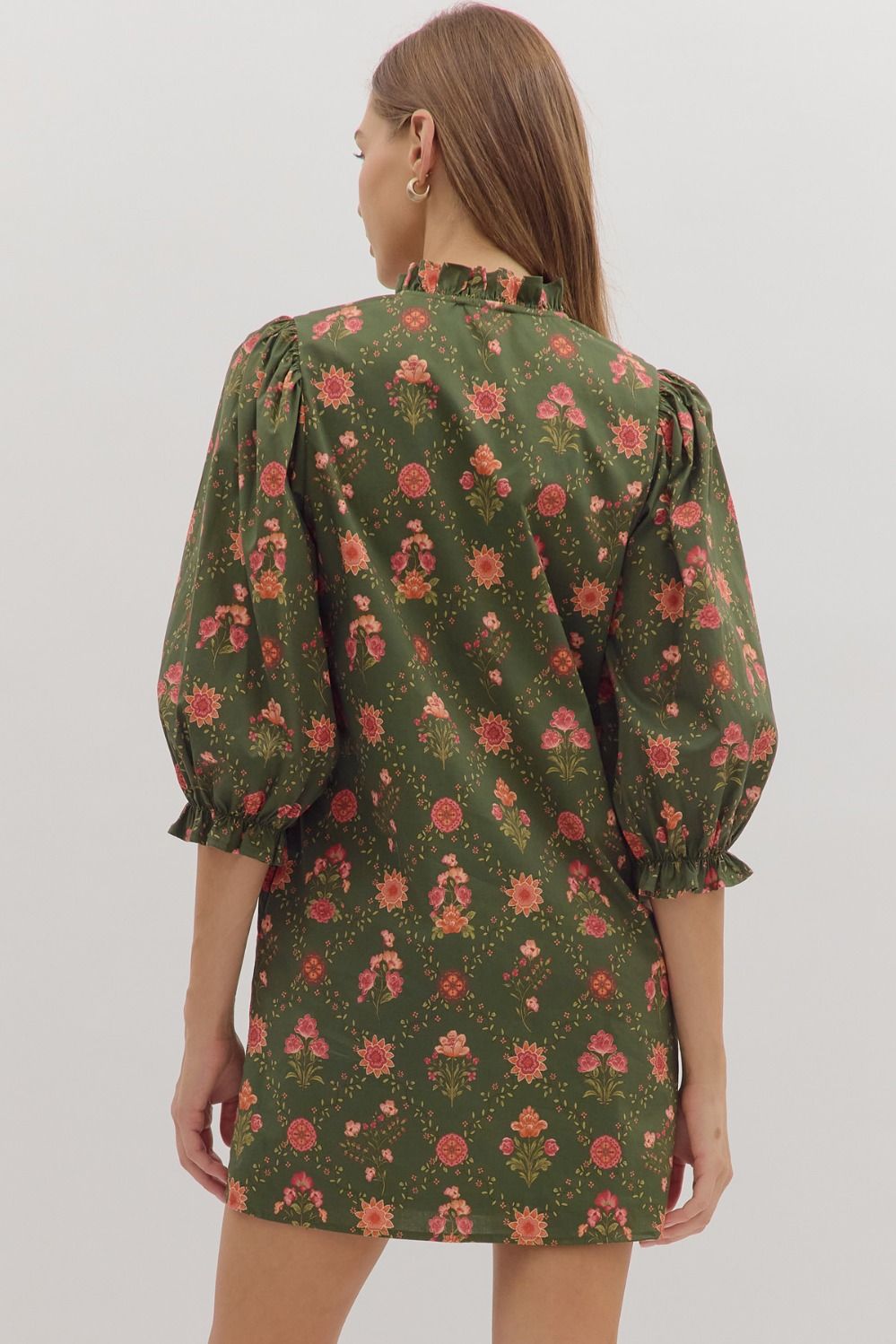 Floral Print 3/4 Sleeve Dress w/Contrast Trim