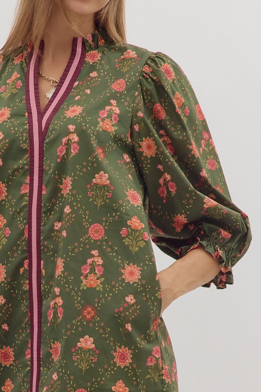 Floral Print 3/4 Sleeve Dress w/Contrast Trim