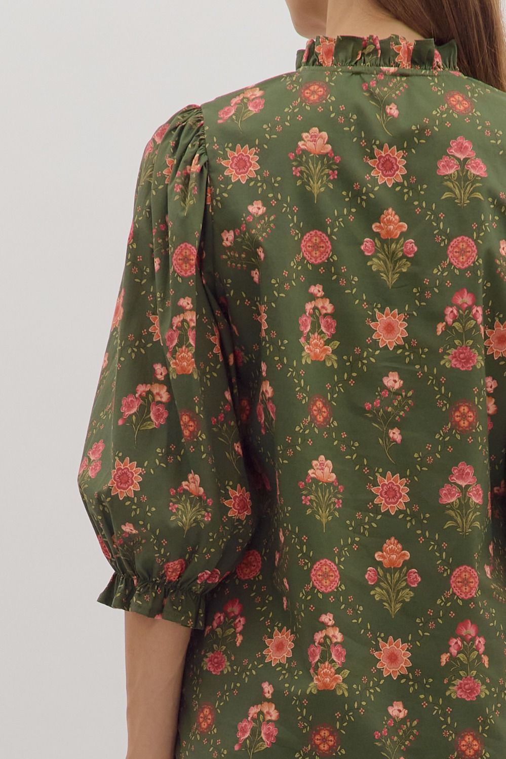 Floral Print 3/4 Sleeve Dress w/Contrast Trim