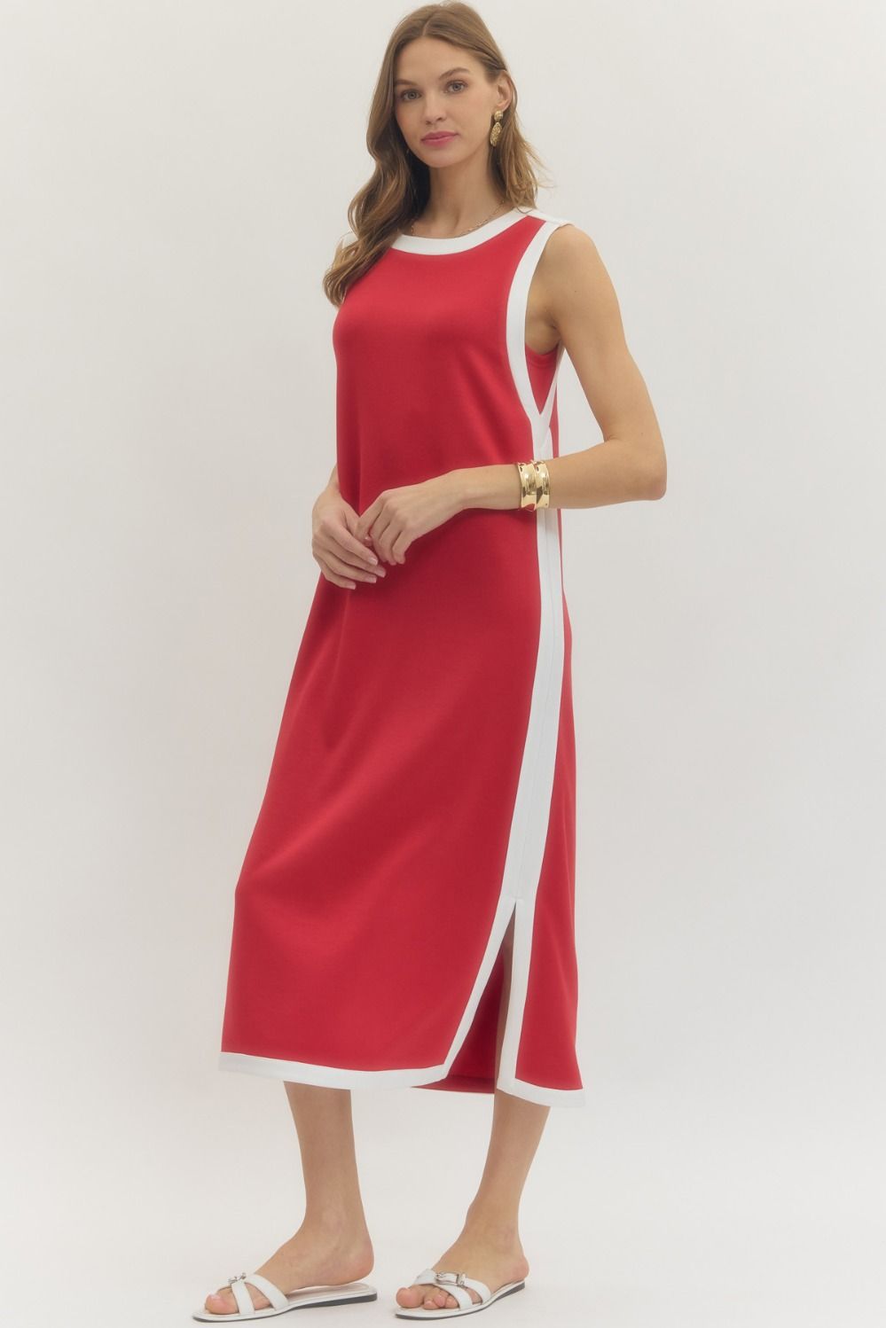 Sleeves Midi Dress w/Contrast Trim
