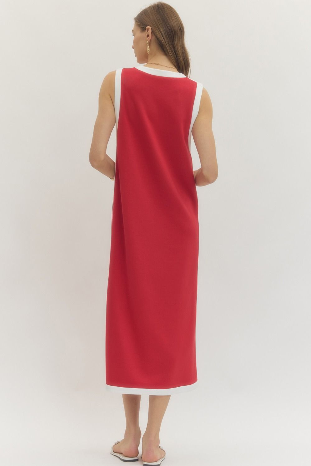 Sleeves Midi Dress w/Contrast Trim