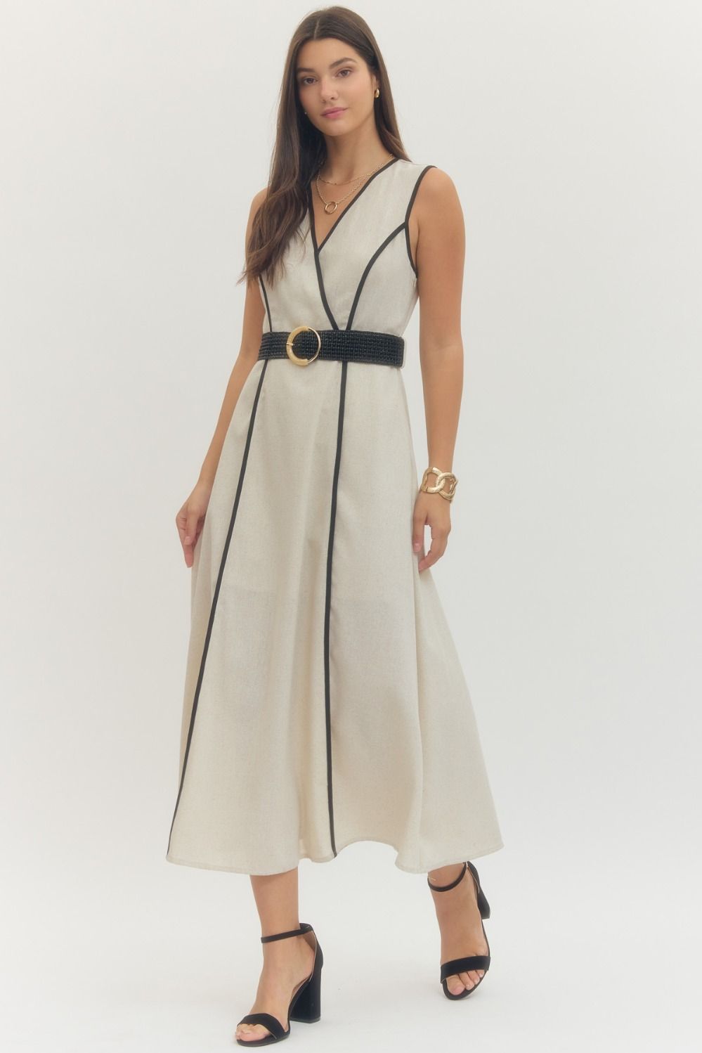 Sleeveless Linen Blend Dress w/Contrast Trim