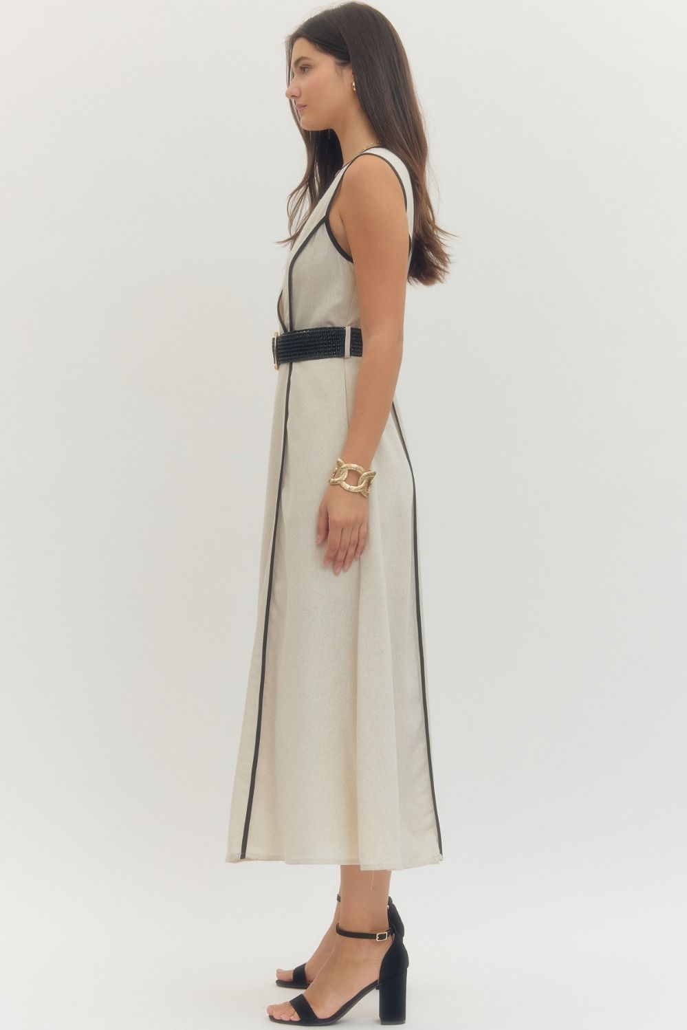 Sleeveless Linen Blend Dress w/Contrast Trim